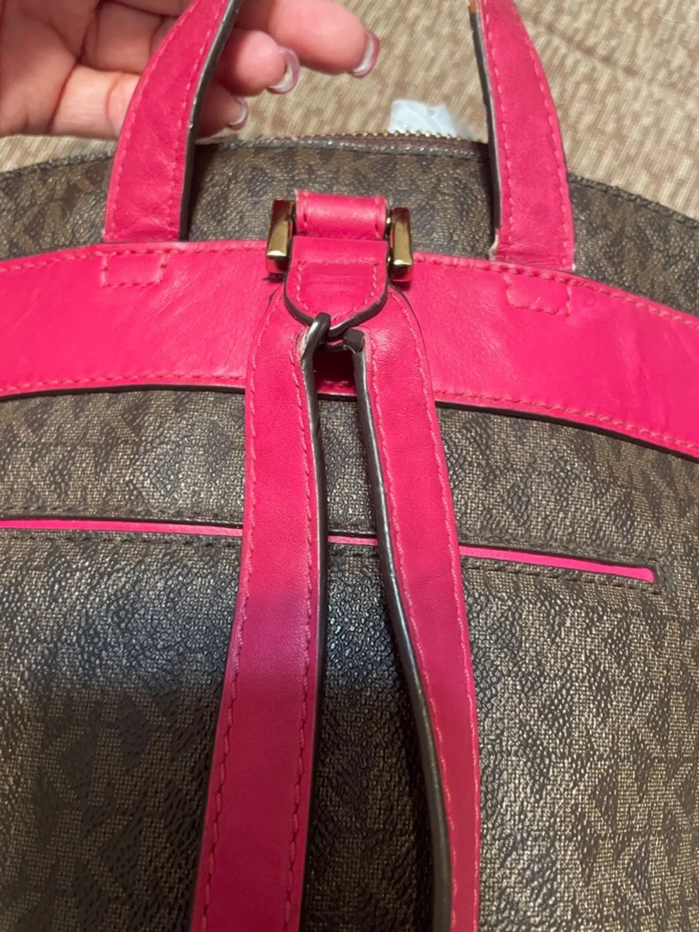 Michael Kors Brown Monogram Backpack with Pink Trim